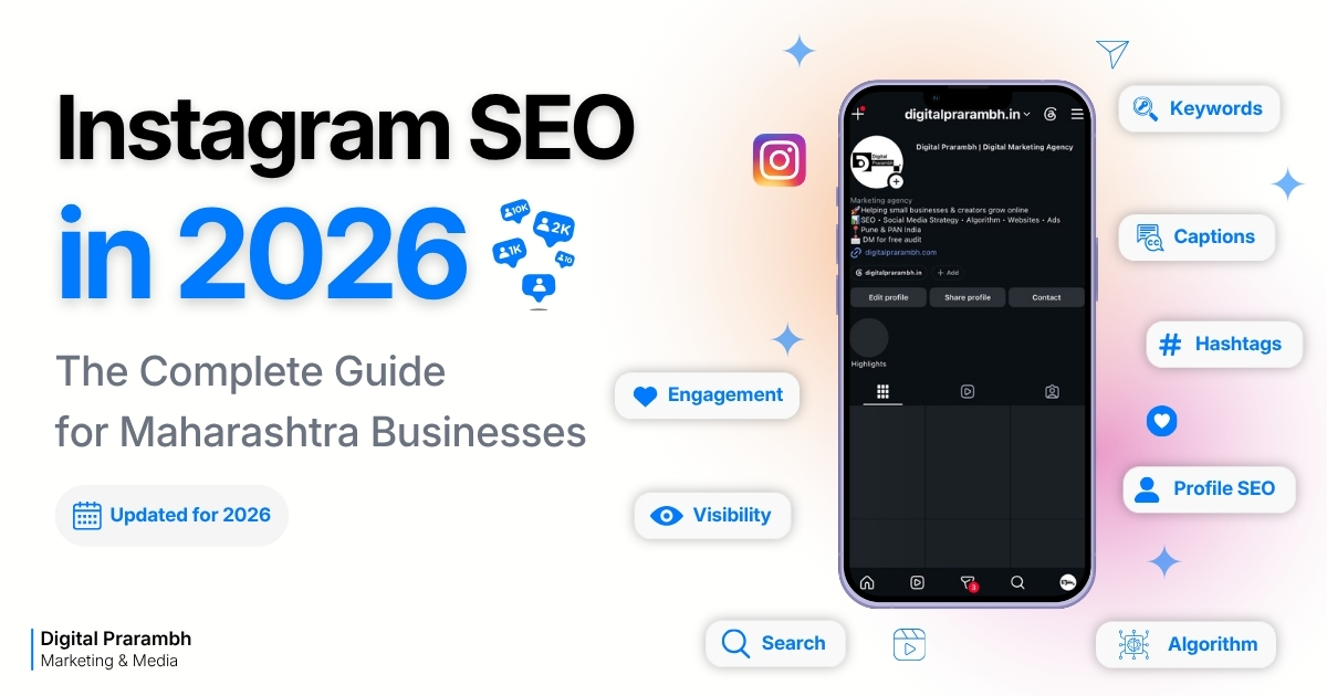 Featured illustration for the article "Instagram SEO in 2026: The Complete Guide for Maharashtra Businesses." The image shows an optimized Instagram profile, keyword chips, search interface, captions, hashtags, and profile SEO elements.