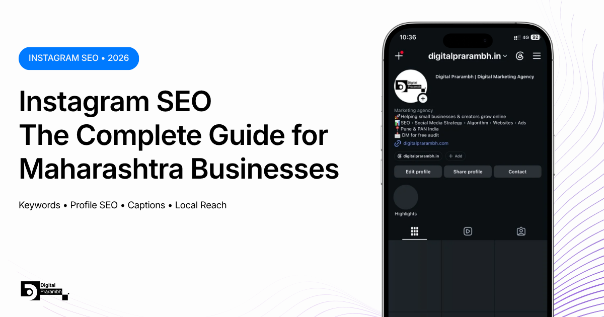 Illustration showing Instagram SEO strategies for Maharashtra businesses, including profile optimization, keyword-rich captions, and improved search visibility.