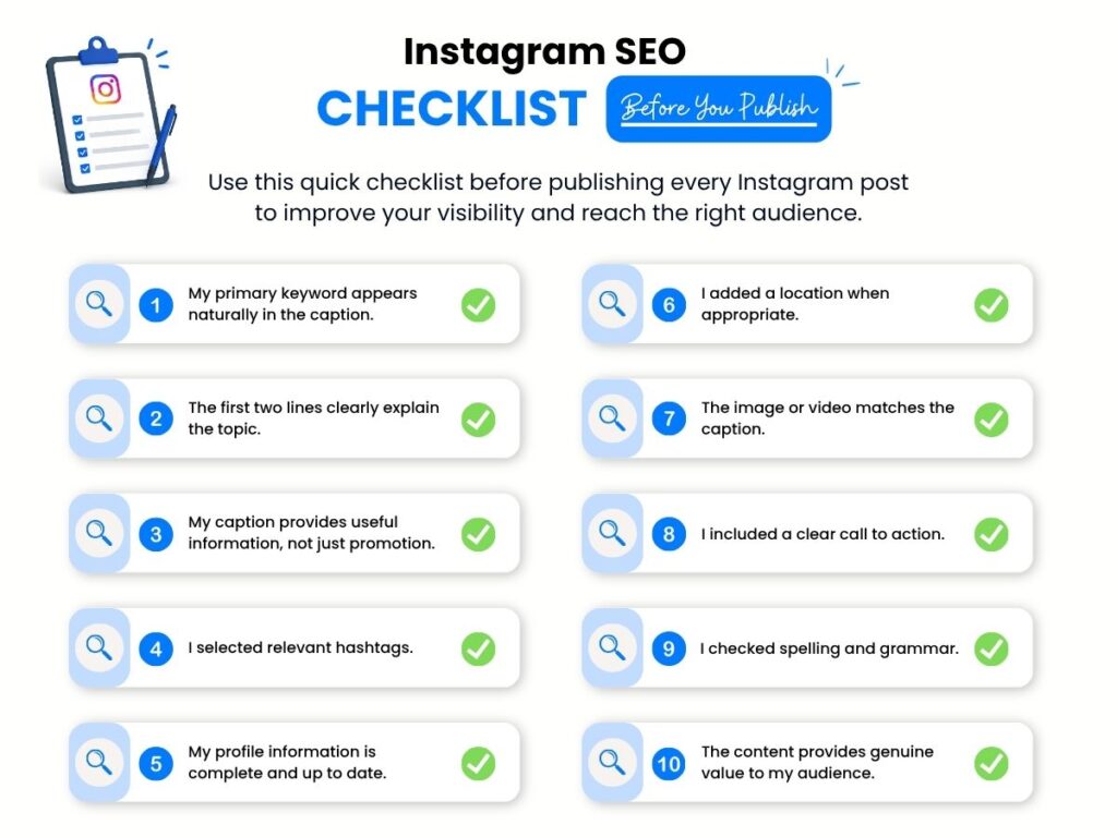 Checklist infographic covering ten important steps to review before publishing an Instagram post, including captions, keywords, hashtags, profile optimization, spelling, and calls to action.